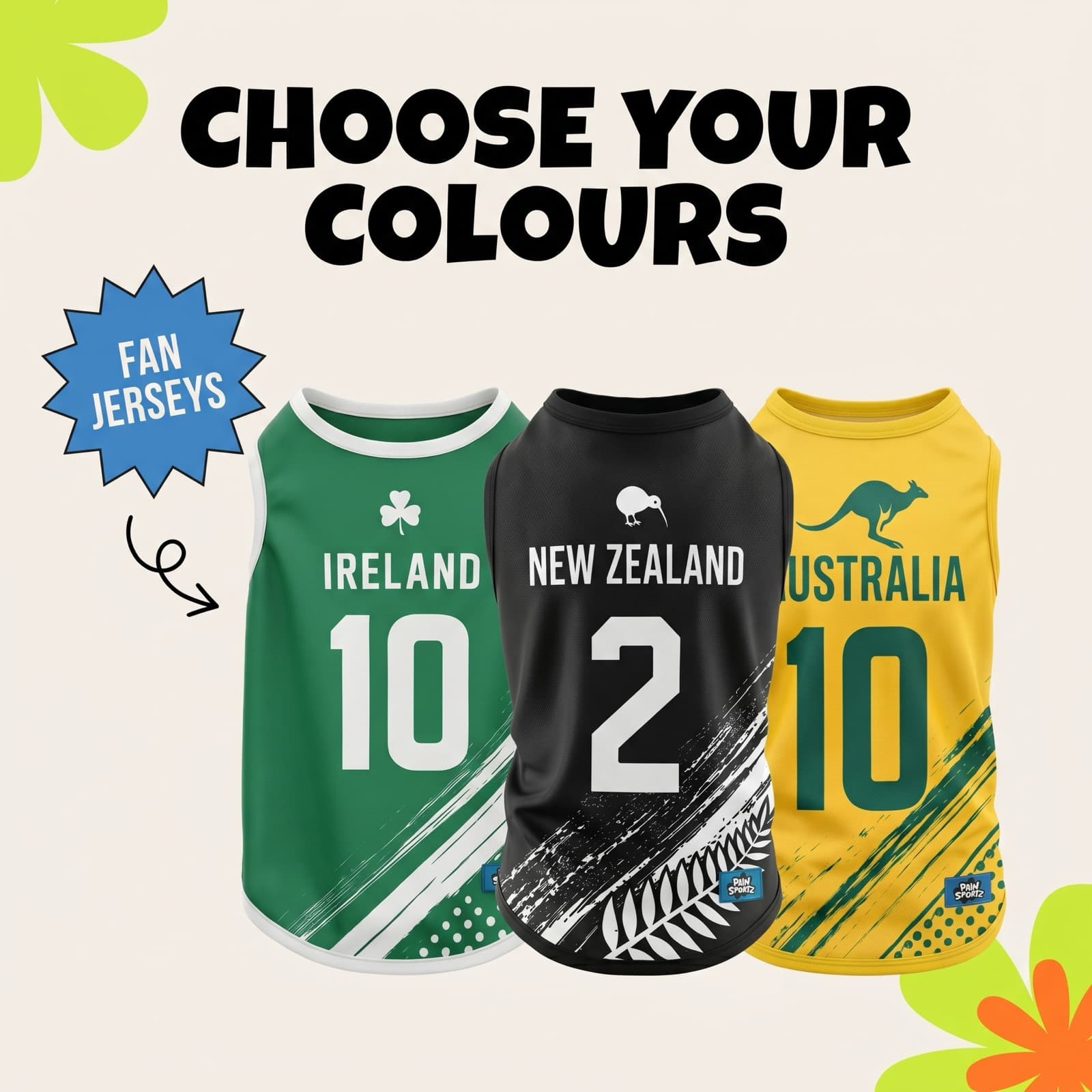 Ireland, New Zealand and Australia dog jerseys: Choose Your Colours