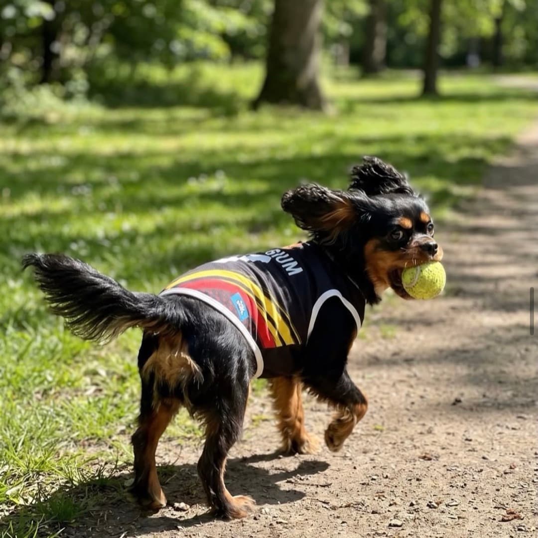 Cavalier in the Belgium kit chasing a tennis ball