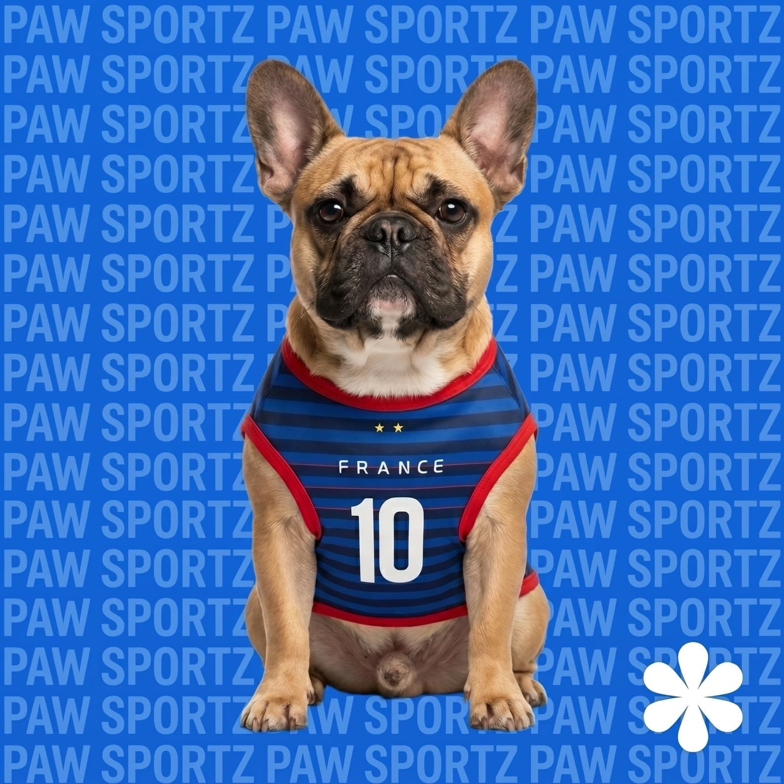 French Bulldog in the France jersey on a Paw Sportz pattern