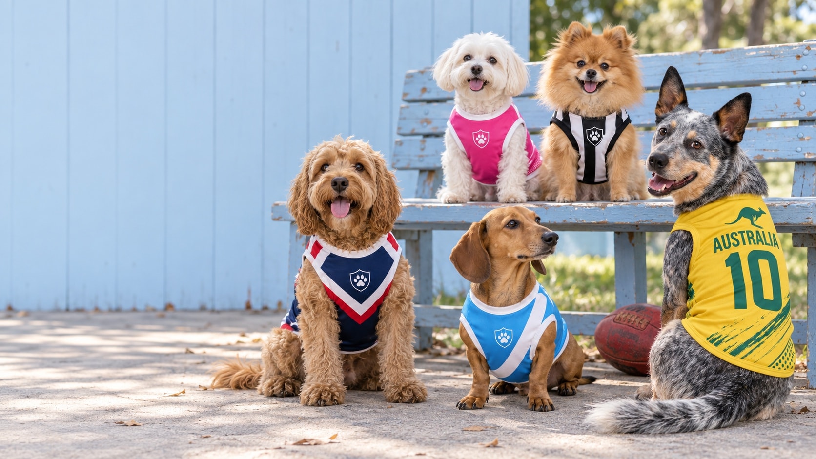 Five dogs in different Paw Sportz kits gathered around a blue park bench